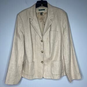 LRL Ralph Lauren Women's Silk Linen Blend Blazer 16W Cream Preppy Office Career